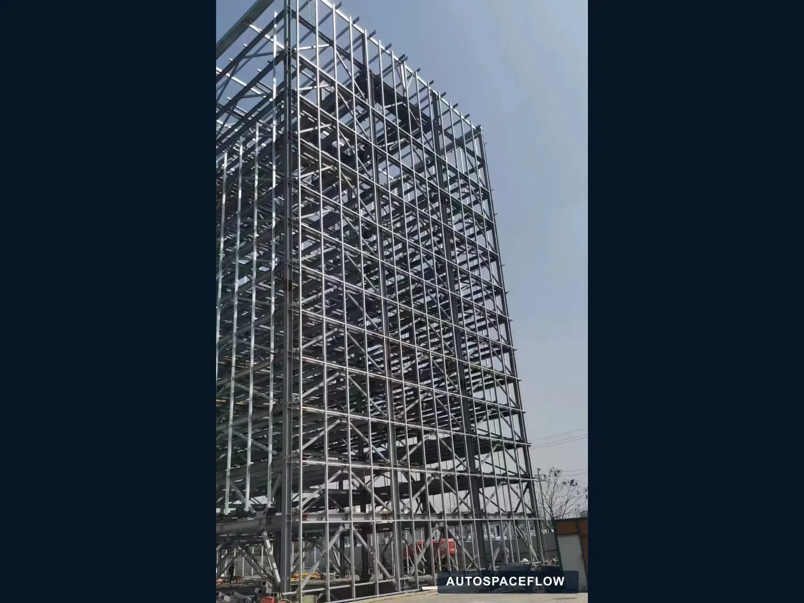 Ten-level pallet tower parking structure under installation for a 100-car project in Romania